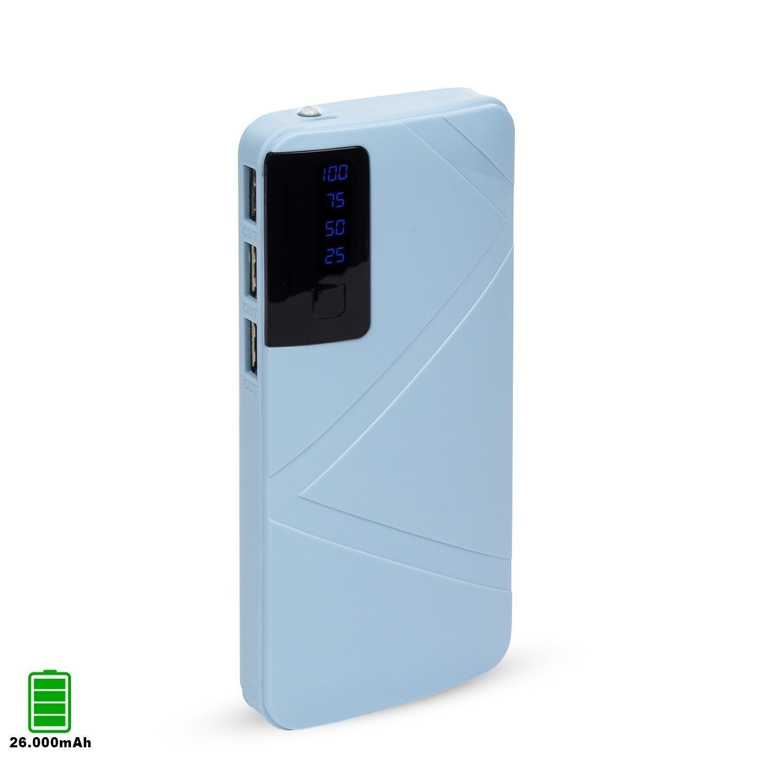 Powerbank R8 26 000 mAh avec indicateur de pourcentage de charge, triple sortie USB 1A. Bleu clair