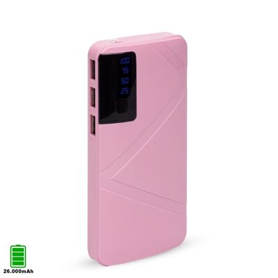 26,000mAh R8 powerbank with charge percentage indicator, triple 1A USB output. Pink