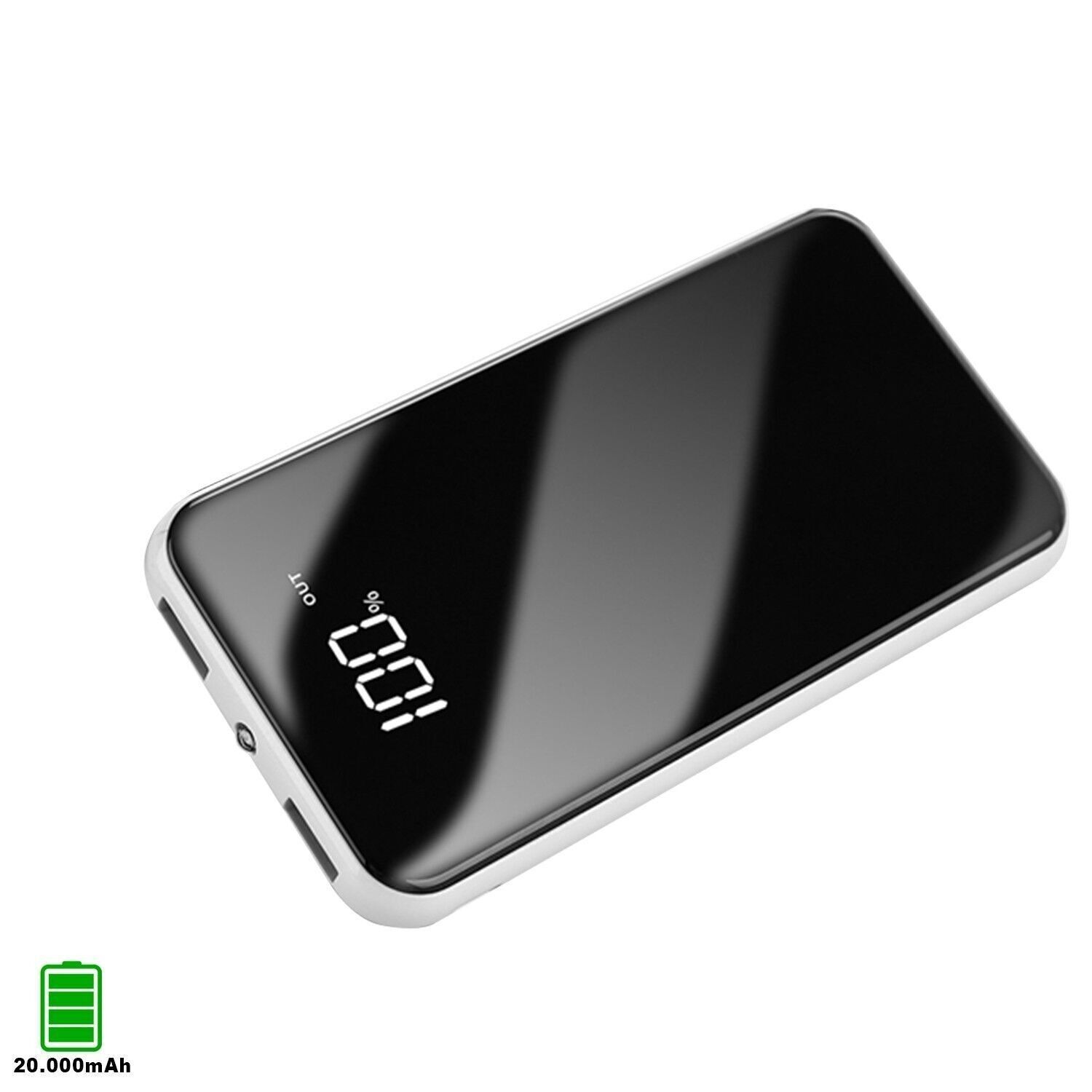 Powerbank R13 20 000 mAh avec affichage du pourcentage de charge, double sortie USB de 1 A et 2,1 A Blanc