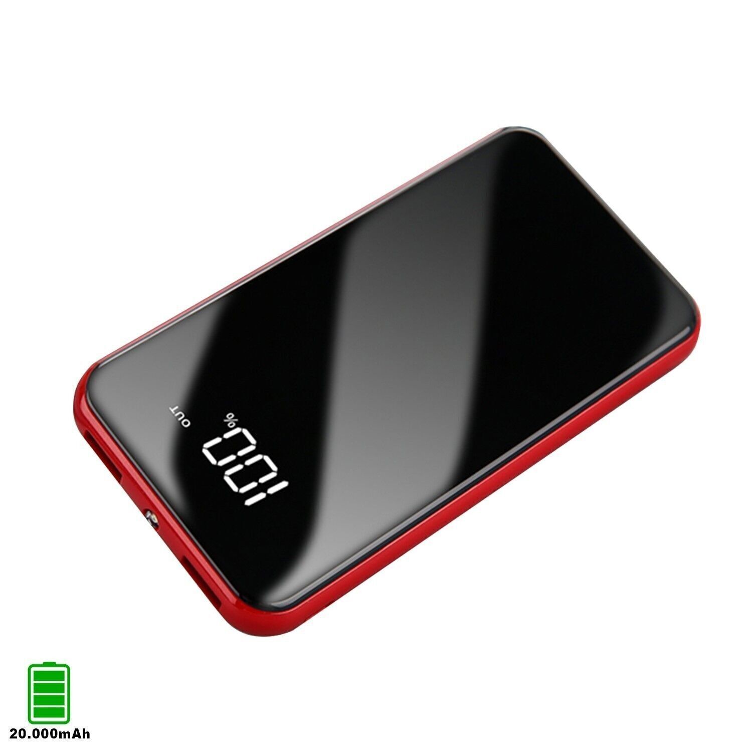 Powerbank R13 20 000 mAh avec affichage du pourcentage de charge, double sortie USB de 1A et 2,1A Rouge