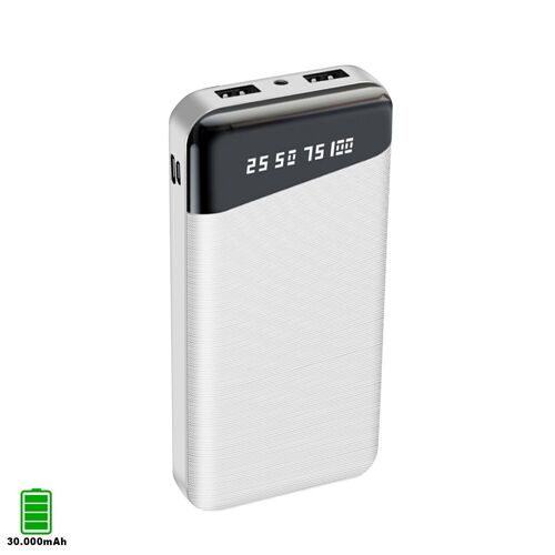 Powerbank Y6 de 30.000mAh con indicador de porcentaje de carga, doble salida USB de 2A Blanco