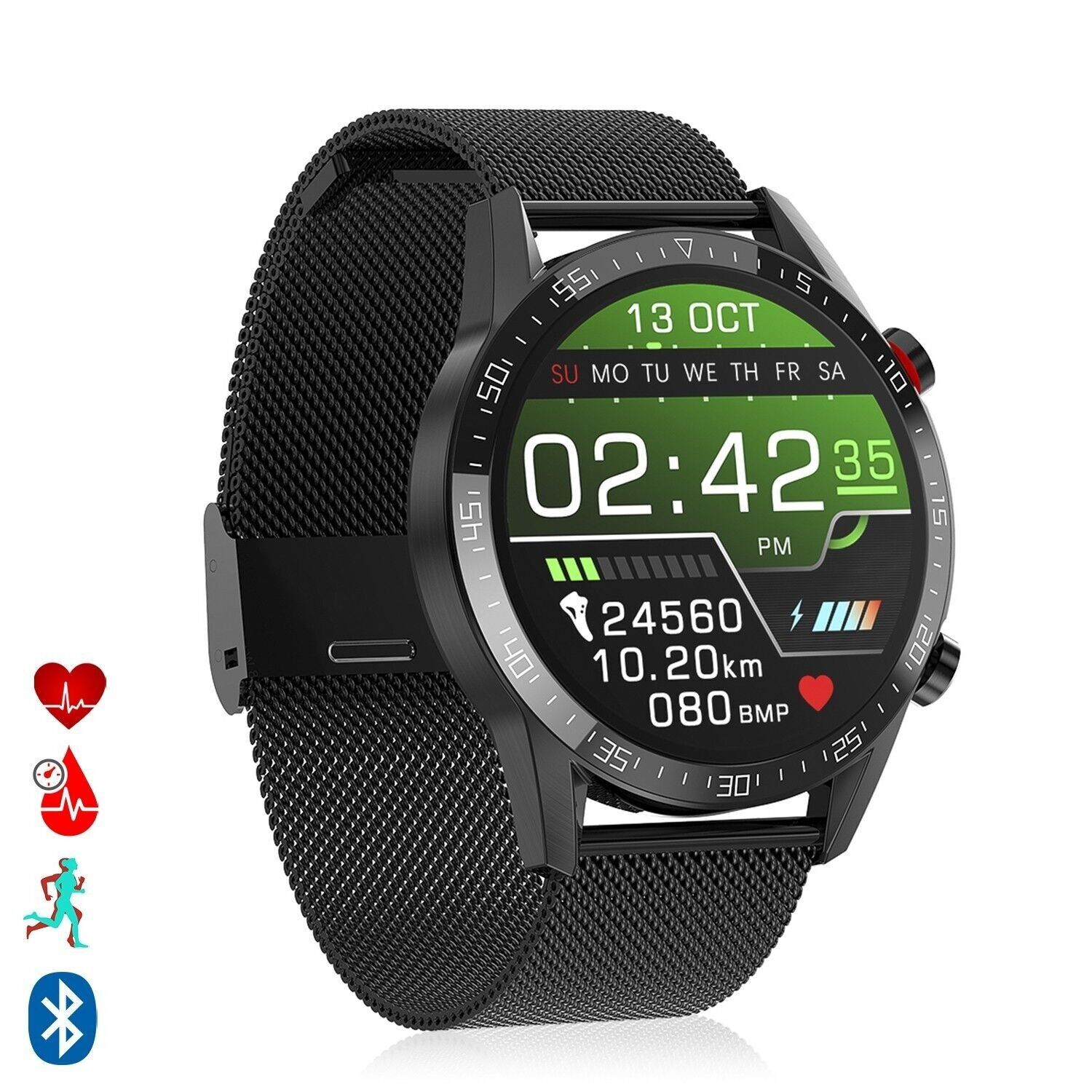 Smartwatch L13 Metallarmband mit Multisportmodus, Pulsmesser, Blutdruck und O2 in Blut Schwarz