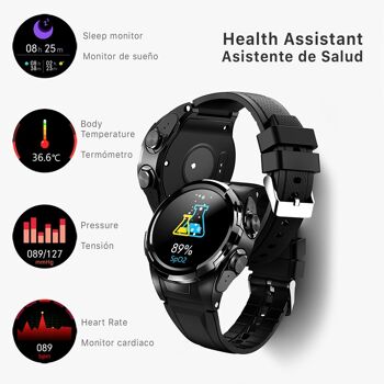 Montre connectée multisports S201, tension artérielle et O2, avec écouteurs TWS 5.1 intégrés Or 3