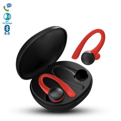 TWS T7 Pro sports earphones, anti-fall, Bluetooth 5.0, 40mAh battery and 400mAh charging base Red