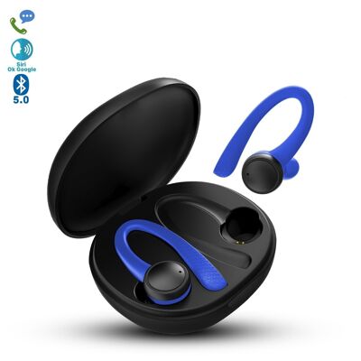 TWS T7 Pro sports earphones, anti-fall, Bluetooth 5.0, 40mAh battery and 400mAh charging base Blue