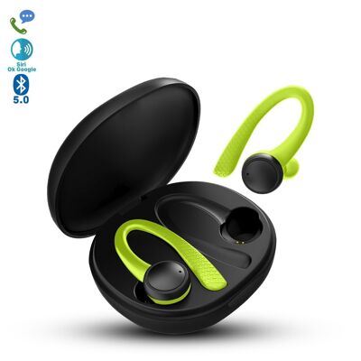 TWS T7 Pro sports earphones, anti-fall, Bluetooth 5.0, 40mAh battery and 400mAh charging base Green