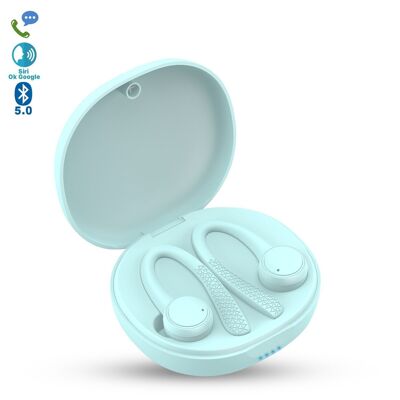Écouteurs de sport TWS T7 Pro, anti-chute, Bluetooth 5.0, batterie 40 mAh et base de charge 400 mAh Bleu clair