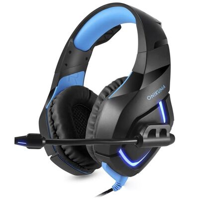 Onikuma K1B headset. Gaming headphones with micro, minijack connection, LED lights for PC. Blue