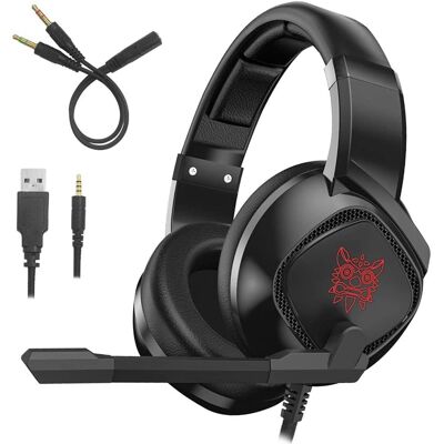 Onikuma K19 headset. Gaming headphones with micro, minijack connection, LED lights. PC, PS4, Xbox One, mobile, tablet. Black