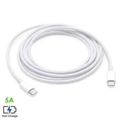 Data and charging cable Type C to Type C (male). Fast charge, 5A, 2 meters. White