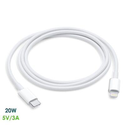 Data and charging cable Type C to Lightning 8 pins (male). Fast charge, 3A, 20W, 1 meter. White