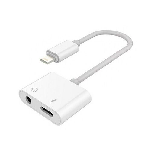Adaptador Lightning macho a minijack 3,5mm y Lightning. Permite cargar y escuchar música simultáneamente. Blanco