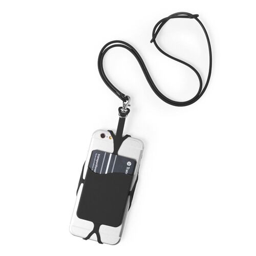 Lanyard de silicona Veltux para smartphone, con tarjetero y mosquetón. Negro