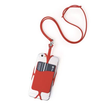 Lanière en silicone Veltux pour smartphone, avec porte-cartes et mousqueton. Rouge
