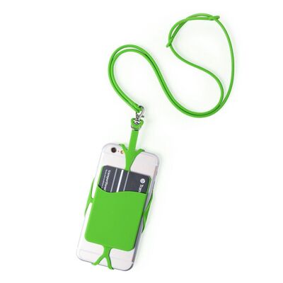 Laccetto Veltux in silicone per smartphone, con portacarte e moschettone. Verde