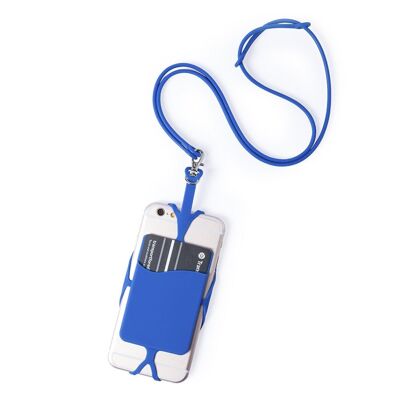 Laccetto Veltux in silicone per smartphone, con portacarte e moschettone. Blu