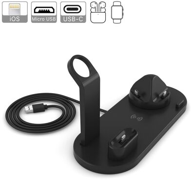 4-in-1 charging base with QI wireless charging, rotating support with lightning, micro USB and USB-C connection. Stand for Apple Watch and charging stand for Airpods. Black