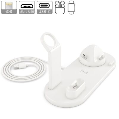 4-in-1 charging base with QI wireless charging, rotating support with lightning, micro USB and USB-C connection. Stand for Apple Watch and charging stand for Airpods. White