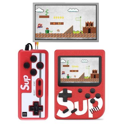 DAM Retro video game console with screen and 400 games included. Includes remote control for 2 people to play on TV. 7.8x2x11.5cm. Red color