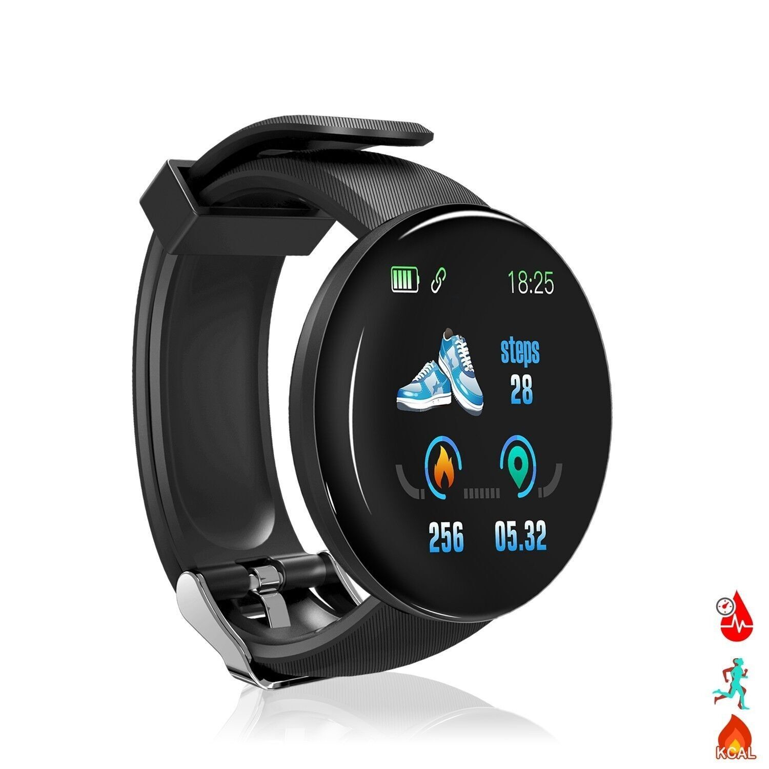 D18 Smart-Armband mit Benachrichtigungen, Herzfrequenzmesser, Blut O2, Puls und Multisport-Modus Schwarz