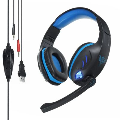 Casque IN-968. Casque de jeu avec microphone, connexion minijack et lumières LED, pour PC/Mac. Bleu