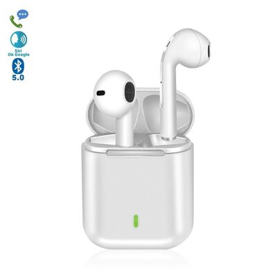 TWS J18 Bluetooth 5.0 headphones, touch controls, 300mAh charging base. White