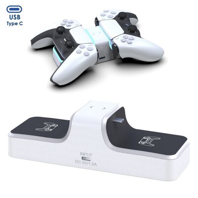 Dual charger for 2 PS5 controllers. Includes USB charging outlet. White