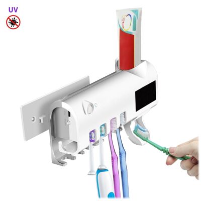 Sterilizer and holder for 4 toothbrushes with toothpaste dispenser. Solar panel. White