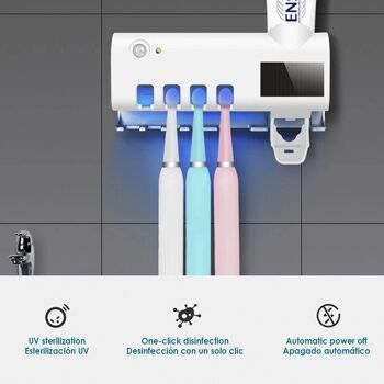 Stérilisateur et support pour 4 brosses à dents avec distributeur de dentifrice. Panneau solaire. Blanc 2