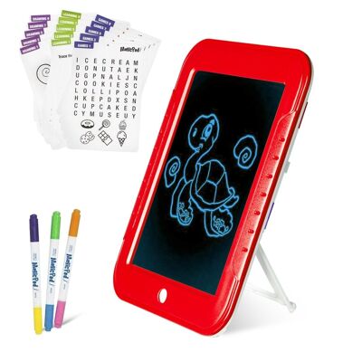 3D Magic Pad LED writing and drawing tablet. 8 fluorescent light effects. Markers in 6 colors and game, painting and writing chips. Red