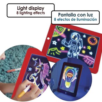 Tablette d'écriture et de dessin 3D Magic Pad LED. 8 effets de lumière fluorescente. Marqueurs en 6 couleurs et jetons de jeu, de peinture et d'écriture. Rouge 2