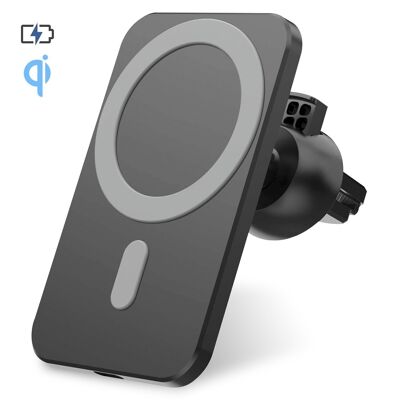 Qi wireless charger for car, with magnetic grid support. Compatible with iPhone 12. Type C connection. Black