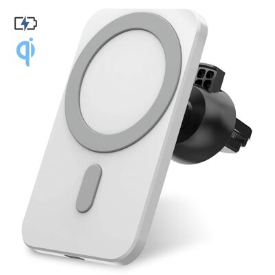 Caricabatterie wireless Qi per auto, con supporto a griglia magnetica. Compatibile con iPhone 12. Connessione di tipo C. Bianco