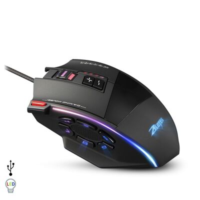 C-13 gaming mouse, up to 10,000DPI, 1000Hz, 13 programmable buttons, adjustable weight. RGB LED lighting. Black