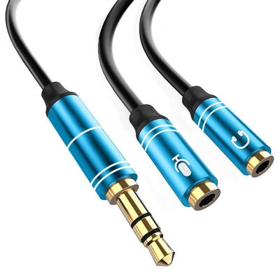 Convertisseur séparateur de double minijack femelle (microphone et haut-parleur) vers minijack mâle. Utilisez des casques PC avec micro sur votre smartphone et votre tablette. Bleu