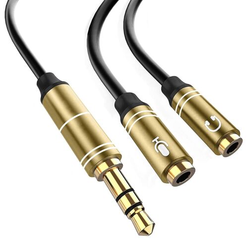 CABLE AUDIO ADAPTADOR 3.5 2 MACHOS SPEAKER Y MICROFONO A 1 HEMBRA 3.5. -  Complus