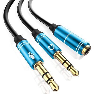 Splitter converter from minijack (female) to double minijack male (microphone and speaker). Use headphones with a built-in microphone and a simple minijack on your PC. Blue
