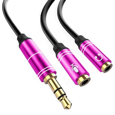 Splitter converter from double female minijack (microphone and speaker) to male minijack. Use PC headsets with mic on your smartphone and tablet. Fuchsia