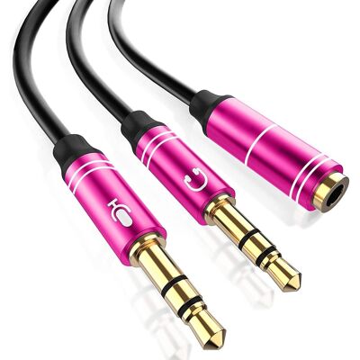 Splitter converter from minijack (female) to double minijack male (microphone and speaker). Use headphones with a built-in microphone and a simple minijack on your PC. Fuchsia