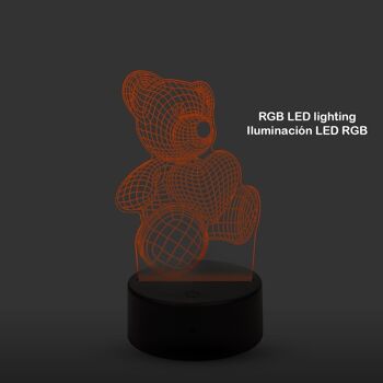 Lampe d'ambiance à effet 3D, design Bear. Lumières RVB interchangeables, avec effets et télécommande. Transparent 2