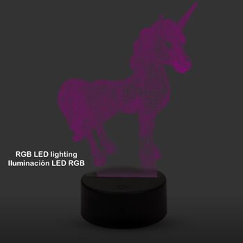 Lampe écologique à effet 3D, design Licorne. Lumières RVB interchangeables, avec effets et télécommande. Transparent 2