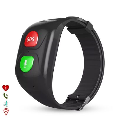 GPS locator bracelet with SOS button and intercom. Special older people. With heart monitor. Black