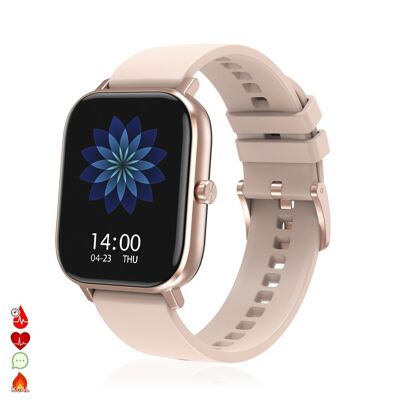 Montre connectée DT35+ avec thermomètre, tensiomètre et moniteur d'oxygène. Notifications à l'écran iOS et Android. Or rose