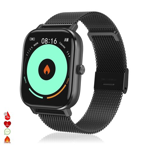 Smartwatch DT35+ con pulsera de acero, termómetro, monitor de tensión y oxígeno en sangre. Notificaciones en pantalla iOS y Android. Negro