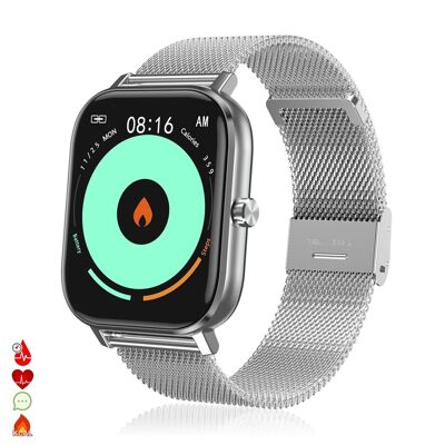 Smartwatch DT35+ con pulsera de acero, termómetro, monitor de tensión y oxígeno en sangre. Notificaciones en pantalla iOS y Android. Plata