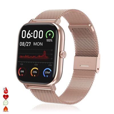 Smartwatch DT35+ con bracciale in acciaio, termometro, pressione sanguigna e misuratore di ossigeno. Notifiche su schermo iOS e Android. Oro rosa