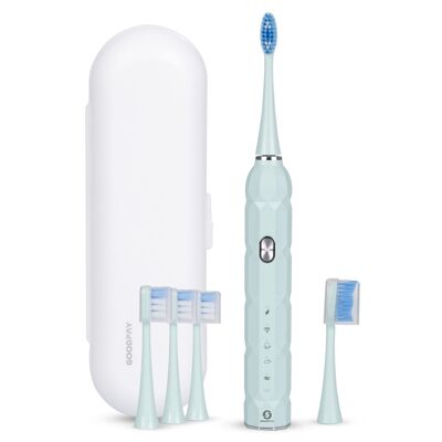 Sonic electric toothbrush ET04, with 5 brushing modes. Includes 5 heads and carrying case. Light green