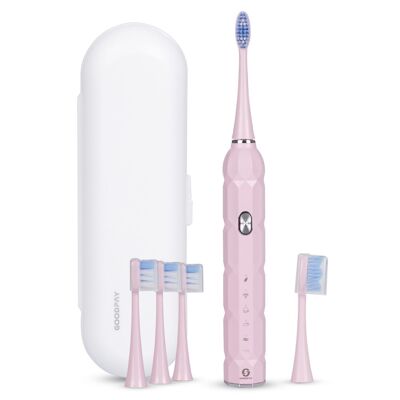 Sonic electric toothbrush ET04, with 5 brushing modes. Includes 5 heads and carrying case. Light pink