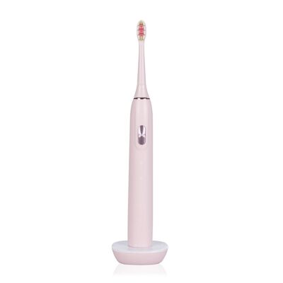 ET06 sonic electric toothbrush with 4 brushing modes and charging base. Includes 2 heads. Light pink