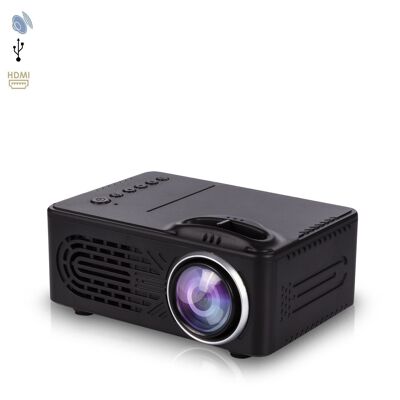 Mini video projector 814. Supports HD 1080P. From 25 to 80 inches, 1000:1 contrast, built-in speaker and remote control. Black